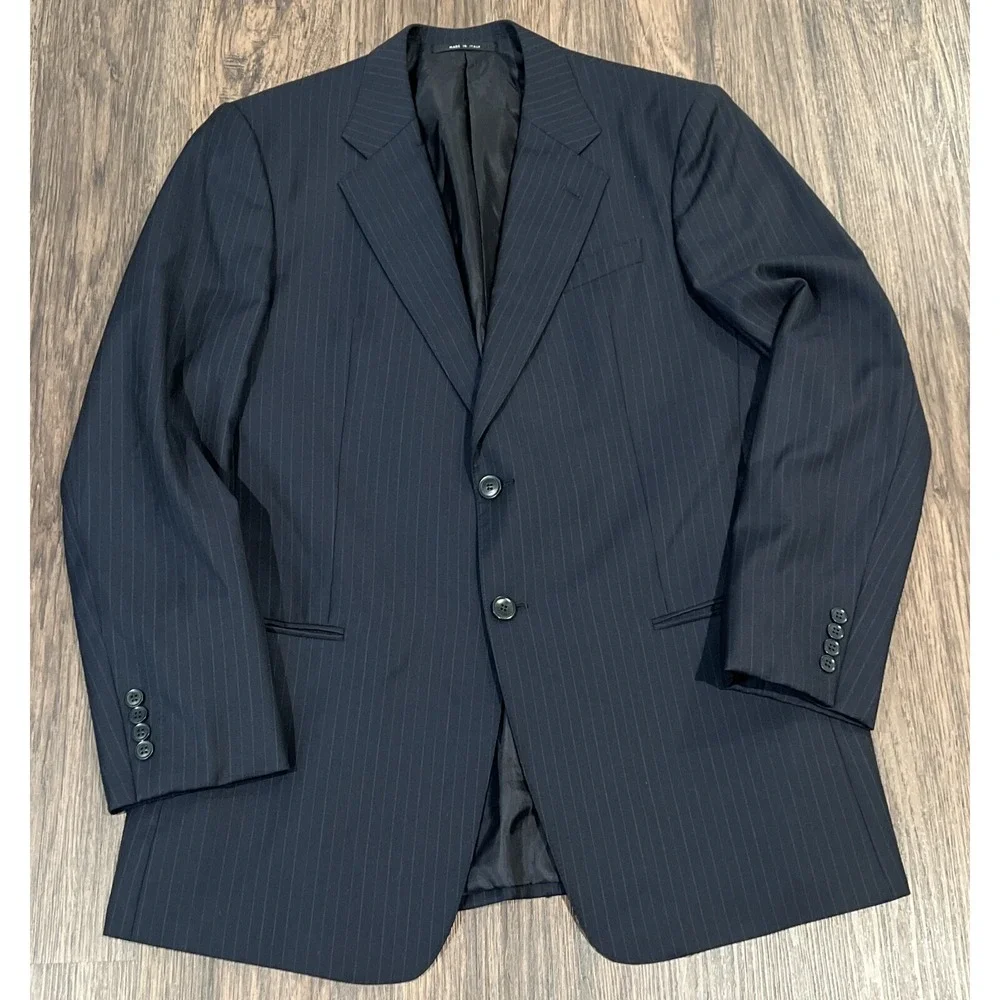 Vintage Armani Collezioni Wool Navy Blue Pinstripe Blazer Size 44L Made In Italy